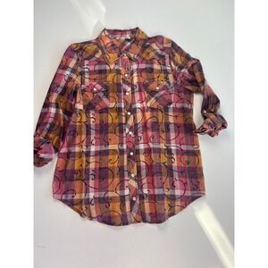 Vintage Women's Plaid Pearl Snap Pretty Scroll Print Western Shirt Size Medium